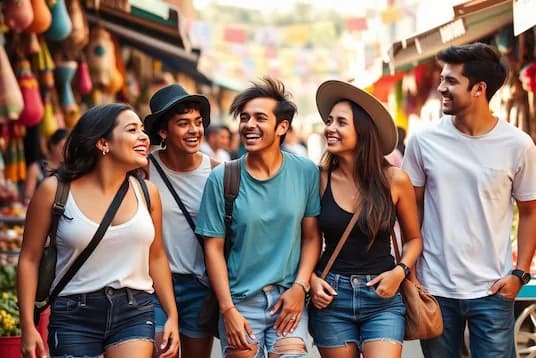 Grupo de amigos explorando un mercado colombiano